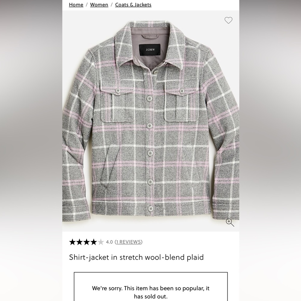 NWOT Wool J. Crew Gray and Pink Plaid Jacket